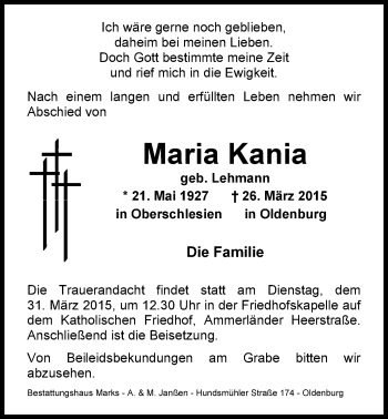Traueranzeige von Maria Kania von Nordwest-Zeitung