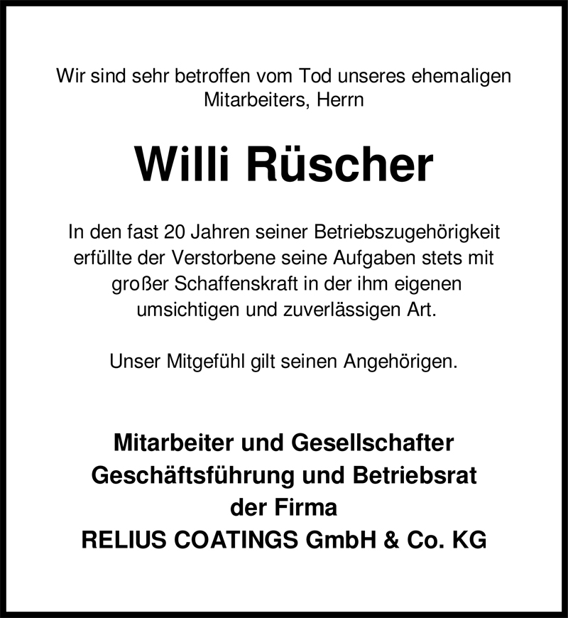 Traueranzeige für Willi Rüscher vom 06.03.2009 aus Nordwest-Zeitung