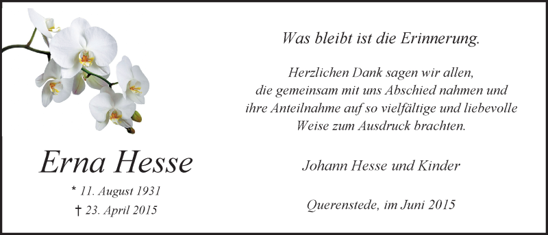  Traueranzeige für Erna Hesse vom 06.06.2015 aus Nordwest-Zeitung