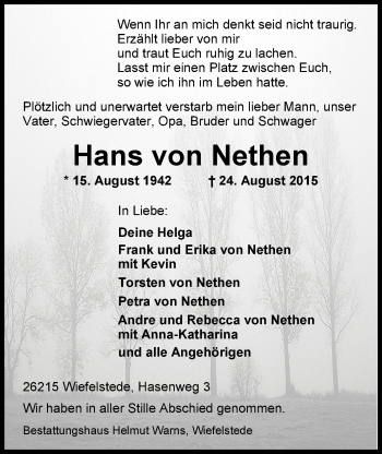Traueranzeige von Hans  von Nethen von Nordwest-Zeitung