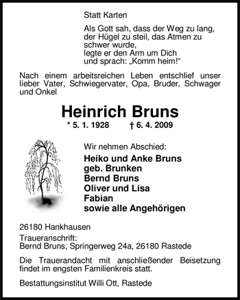 Traueranzeige von Heinrich Bruns von Nordwest-Zeitung