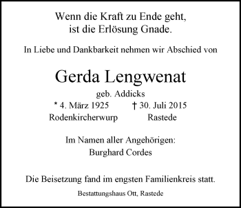 Traueranzeige von Gerda Lengwenat von Nordwest-Zeitung
