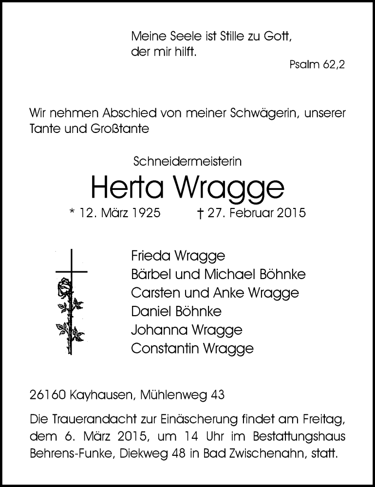 Traueranzeige für Herta Wragge vom 03.03.2015 aus Nordwest-Zeitung