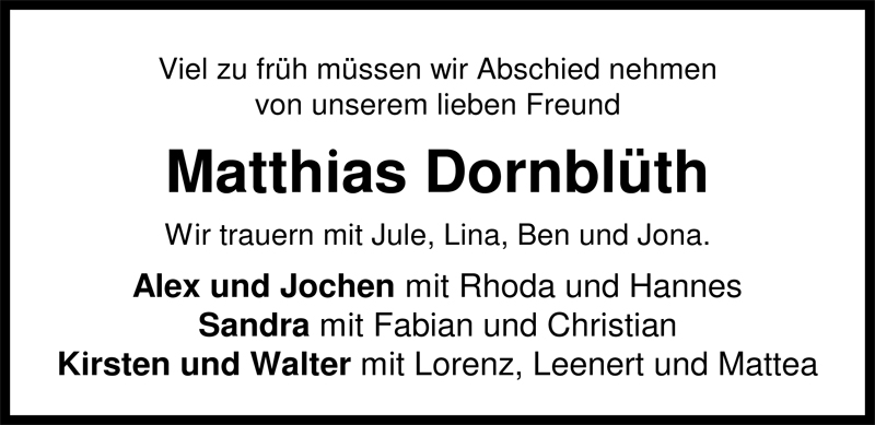  Traueranzeige für Matthias Dornblüth vom 29.08.2009 aus Nordwest-Zeitung