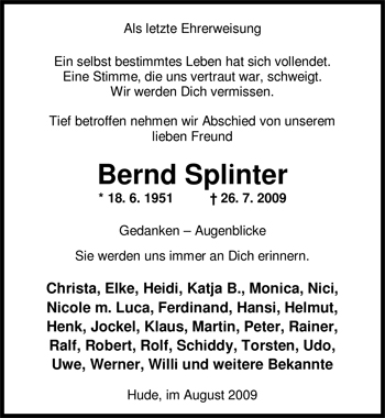 Traueranzeige von Bernd Splinter von Nordwest-Zeitung