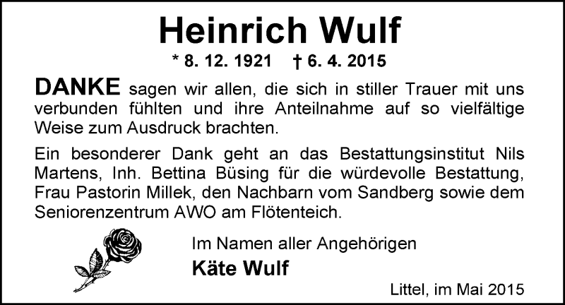 Traueranzeige für Heinrich Wulf vom 30.05.2015 aus Nordwest-Zeitung