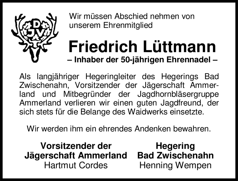  Traueranzeige für Friedrich Brooks Fied Lüttmann vom 24.02.2009 aus Nordwest-Zeitung