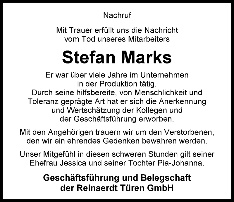  Traueranzeige für Stefan Marks vom 26.02.2015 aus Nordwest-Zeitung