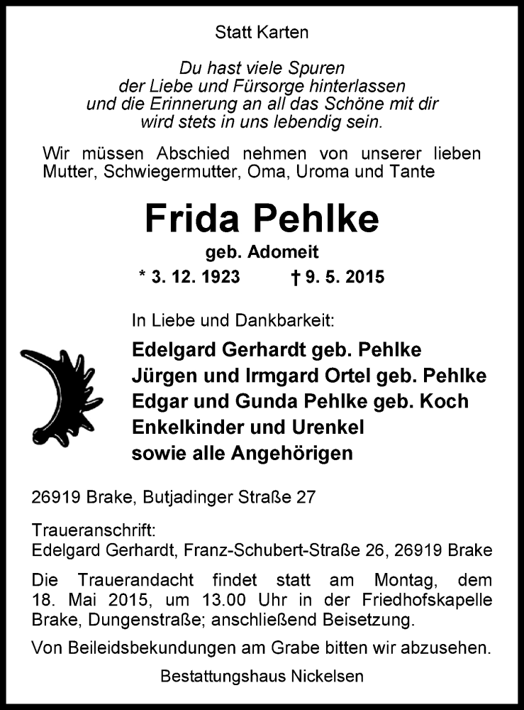  Traueranzeige für Frida Pehlke vom 13.05.2015 aus Nordwest-Zeitung