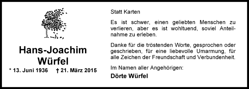  Traueranzeige für Hans-Joachim Würfel vom 06.05.2015 aus Nordwest-Zeitung