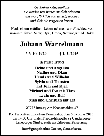 Traueranzeige von Johann Warrelmann von Nordwest-Zeitung