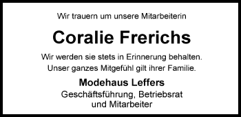 Traueranzeige von Coralie Frerichs von Nordwest-Zeitung