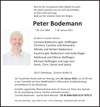 Traueranzeige von Peter Bodemann von Nordwest-Zeitung