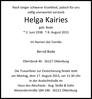 Traueranzeige von Helga Kariries von Nordwest-Zeitung