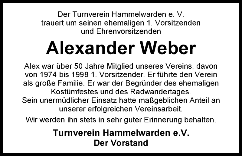  Traueranzeige für Alexander Hermann Hans Weber vom 12.02.2015 aus Nordwest-Zeitung