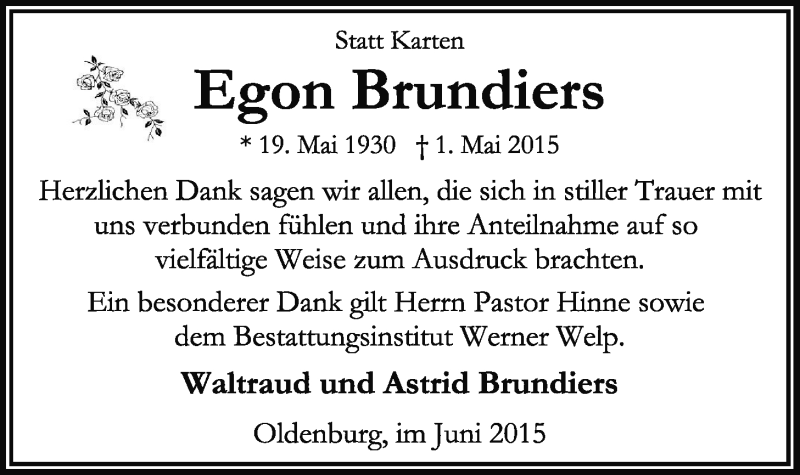  Traueranzeige für Egon Brundiers vom 06.06.2015 aus Nordwest-Zeitung