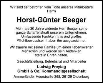 Traueranzeige von Horst-Günter Beeger von Nordwest-Zeitung