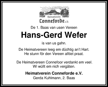 Traueranzeige von Hans-Gerd Wefer von Nordwest-Zeitung