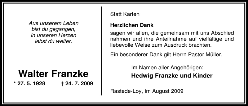  Traueranzeige für Walter Franzke vom 29.08.2009 aus Nordwest-Zeitung