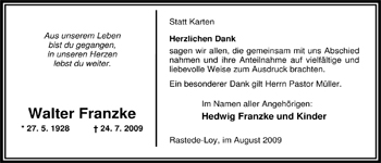 Traueranzeige von Walter Franzke von Nordwest-Zeitung