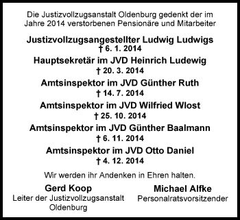 Traueranzeige von In Gedenken Justizvollzugsanstalt Oldenburg von Nordwest-Zeitung