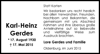 Traueranzeige von Karl-Heinz Gerdes von Nordwest-Zeitung