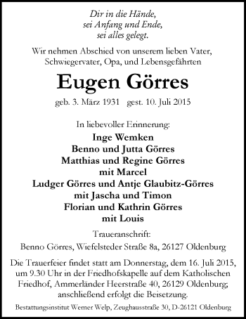 Traueranzeige von Eugen Görres von Nordwest-Zeitung