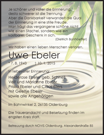Traueranzeige von Uwe Ebeler von Nordwest-Zeitung