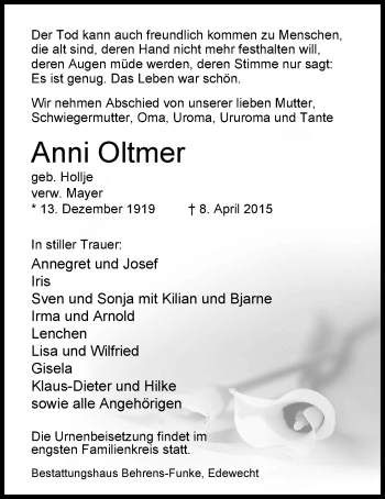 Traueranzeige von Anni Oltmer von Nordwest-Zeitung