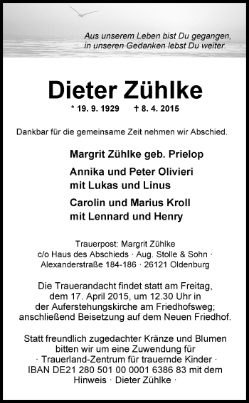 Traueranzeige von Dieter Zühlke von Nordwest-Zeitung