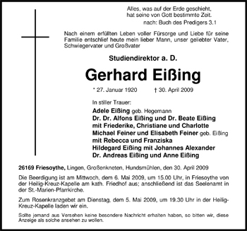 Traueranzeige von Gerhard Eißing von Nordwest-Zeitung