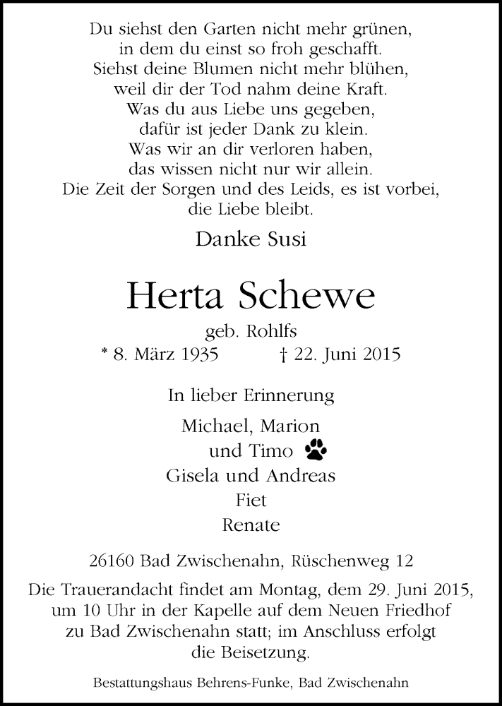  Traueranzeige für Herta Schewe vom 27.06.2015 aus Nordwest-Zeitung