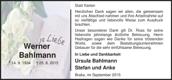 Traueranzeige von Werner Bahlmann von Nordwest-Zeitung