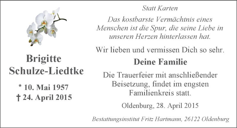  Traueranzeige für Brigitte Schulze-Liedtke vom 28.04.2015 aus Nordwest-Zeitung