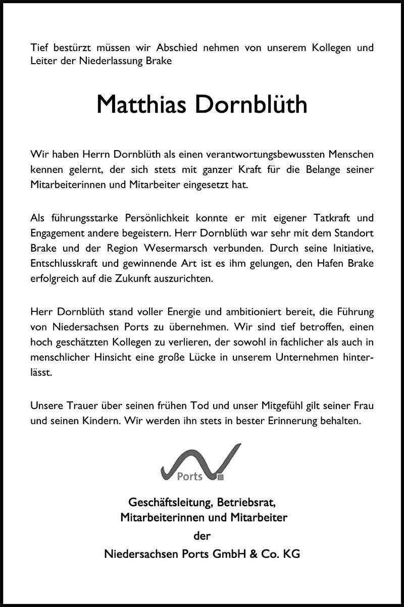 Traueranzeige für Matthias Dornblüth vom 29.08.2009 aus Nordwest-Zeitung