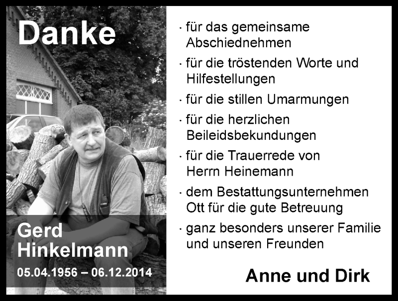  Traueranzeige für Gerd Hinkelmann vom 07.03.2015 aus Nordwest-Zeitung