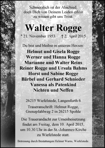 Traueranzeige von Walter Rogge von Nordwest-Zeitung
