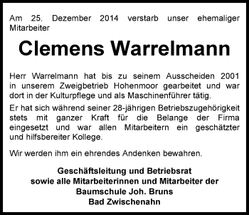 Traueranzeige von Clemens Warrelmann von Nordwest-Zeitung