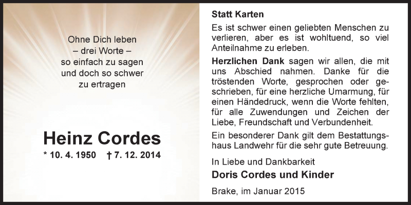  Traueranzeige für Heinz Cordes vom 17.01.2015 aus Nordwest-Zeitung