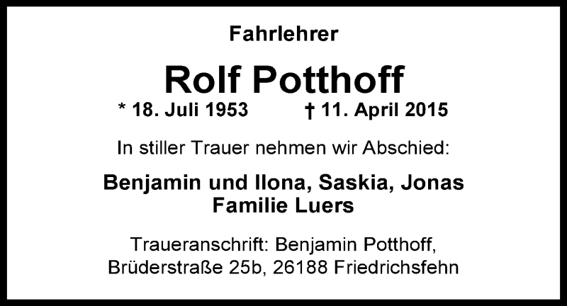  Traueranzeige für Rolf Potthoff vom 17.04.2015 aus Nordwest-Zeitung