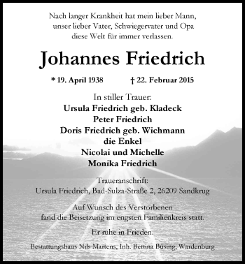 Traueranzeige von Johannes Friedrich von Nordwest-Zeitung