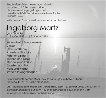 Traueranzeige von Ingeborg Martz von Nordwest-Zeitung