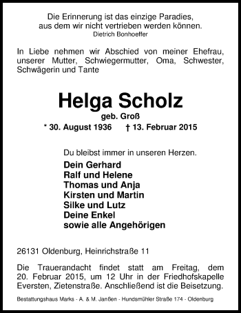 Traueranzeige von Helga Scholz von Nordwest-Zeitung