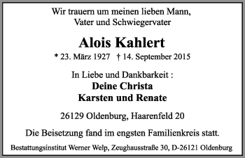 Traueranzeige von Alois Kahlert von Nordwest-Zeitung