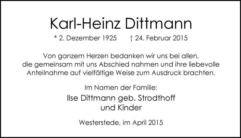  Traueranzeige für Karl-Heinz Dittmann vom 04.04.2015 aus Nordwest-Zeitung