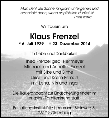 Traueranzeige von Klaus Frenzel von Nordwest-Zeitung