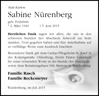 Traueranzeige von Sabine Nürenberg von Nordwest-Zeitung