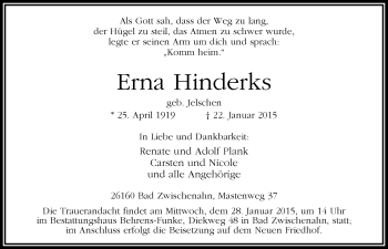 Traueranzeige von Erna Hinderks von Nordwest-Zeitung