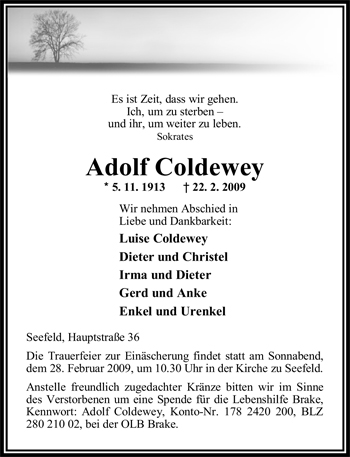 Traueranzeige von Adolf Coldewey von Nordwest-Zeitung
