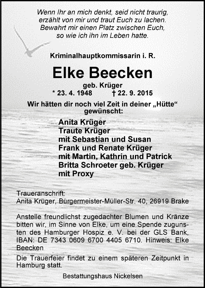  Traueranzeige für Elke Beeken vom 26.09.2015 aus Nordwest-Zeitung